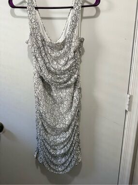 Express White Lace-Pattern Ruched Midi Dress